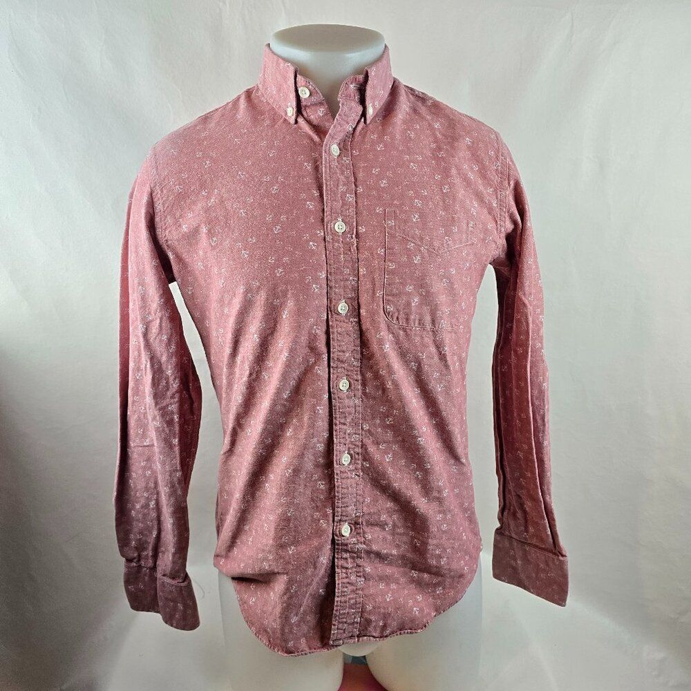 J Crew Shirt Men Small Red Button Down Anchor Print Casual Beach Nautical Preppy